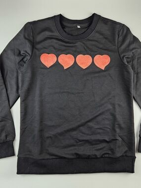 Womens Small -Black Crewneck Sweatshirt Red Hearts Graphic Pullover Sweater